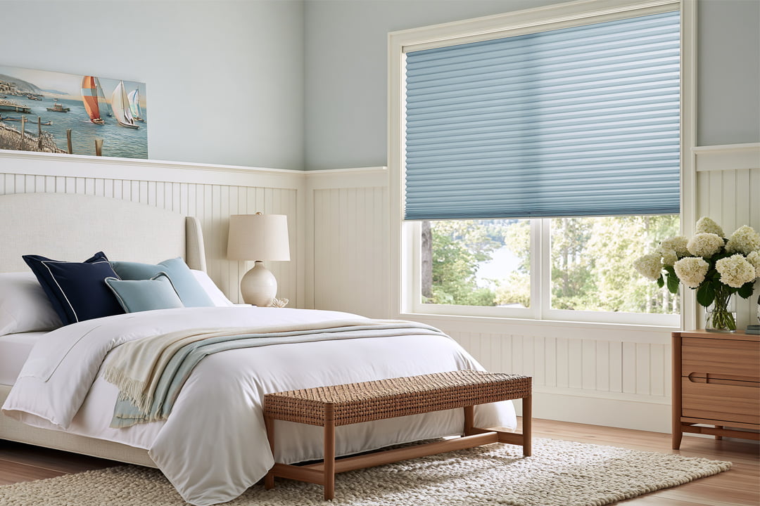 Honeycomb cellular blinds fitted in a bedroom