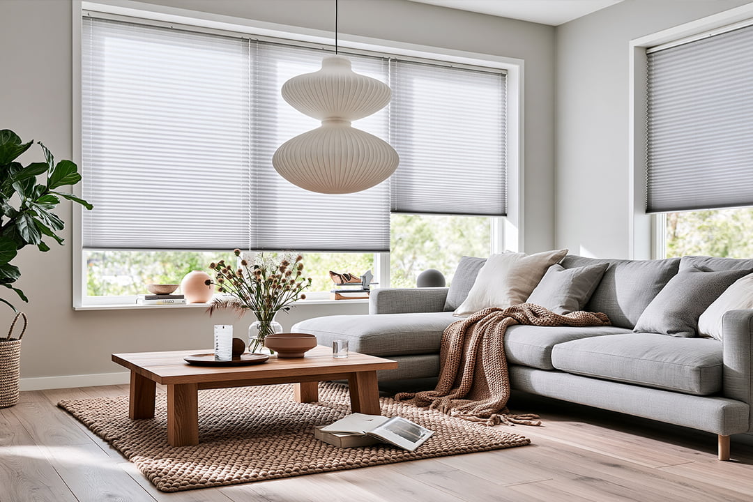Grey honeycomb blinds fitted in a Scandinavian-style living room