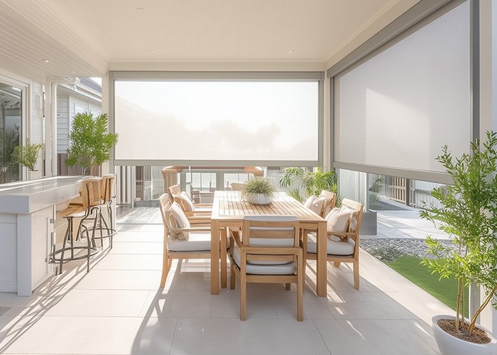 Retractable outdoor blinds installed on a patio area
