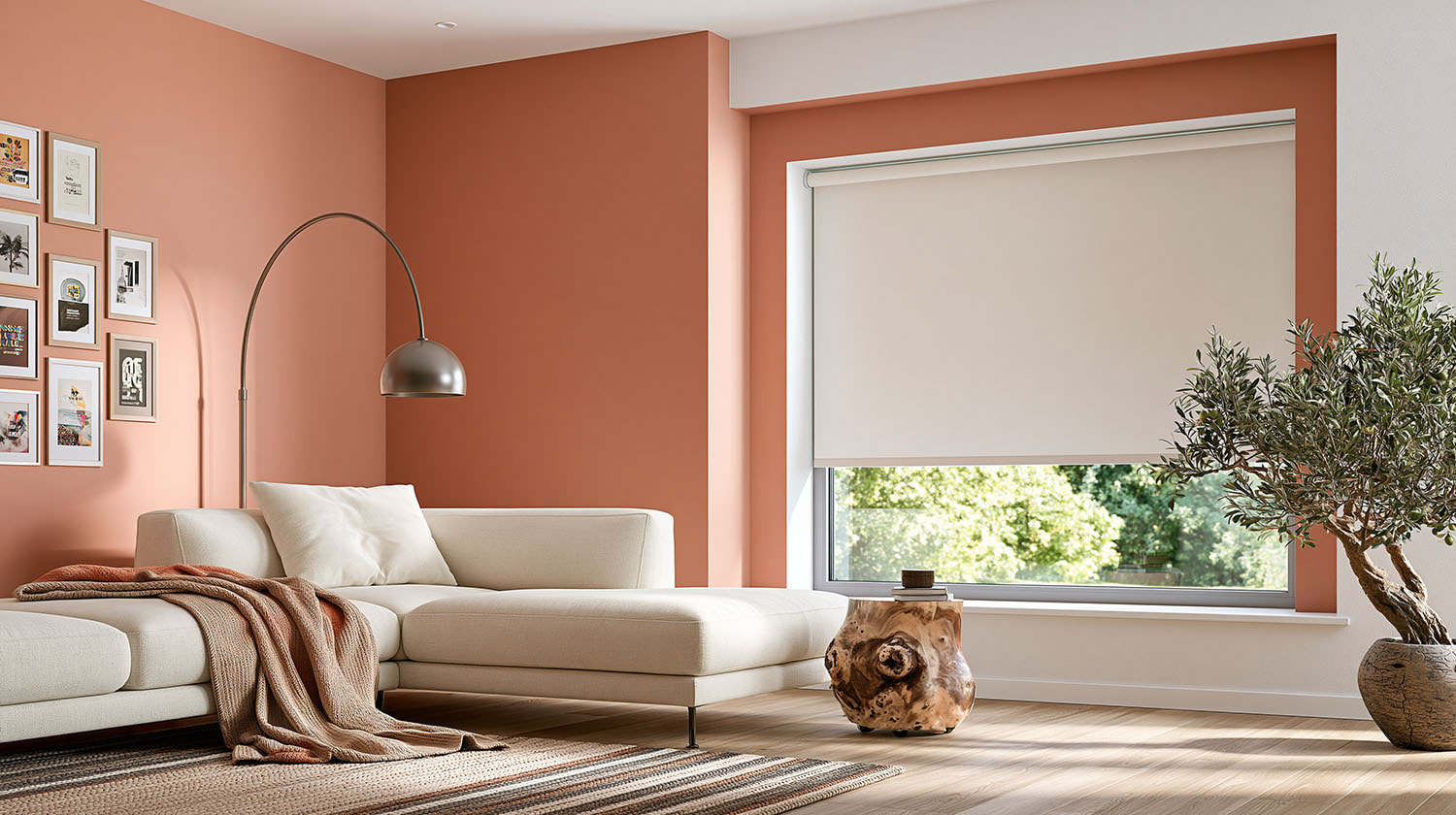 Blockout roller blind in a terracotta living room