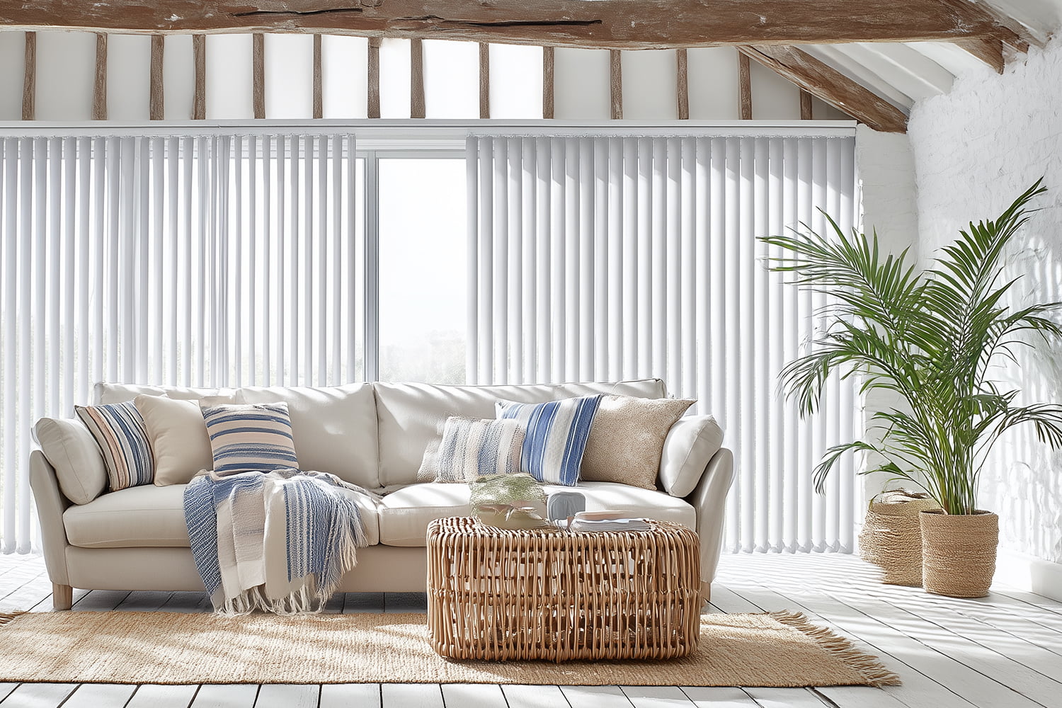 White vertical blinds in a bright living room